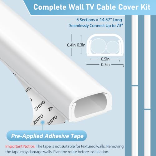 Image of ZhiYo 73 inch Cord Covers for Wires on Wall, White Cord Hider, 0.7 inch W x 0.4 inch H