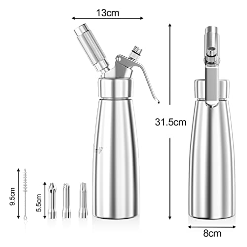 Foto von Fousenuk 500ml Sahnespender, Sahnesyphon Aluminium mit 3 Edelstahl Deko-Düsen und 1 Reinigungbürste, Auslaufsicherer Sahnesiphon für die Zubereitung von Schlagsahne, Creme, Mousse und Desserts