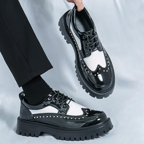 Image of Men's Patent Leather Platform Wingtip Oxford Shoes with Rivets Round Toe Lace Up Lug Sole Brogue Dress Shoes Comfortable Business Work Causal Derby Oxfords