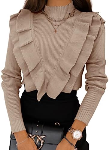 Coololi Women's Ruffle Sweaters Mock Neck Cute Cozy Fitted Pullover Sweater Tops Khaki