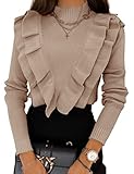 Coololi Women's Ruffle Sweaters Mock Neck Cute Cozy Fitted Pullover Sweater Tops Khaki