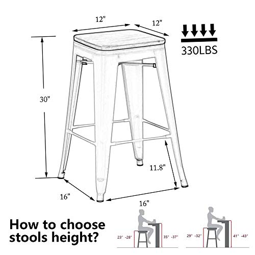 Alunaune 30" Metal Bar Stools Set Of 4 Industrial Backless Counter Height Barstools Stackable Kitchen Patio Stool Wood Top-White #TOP1