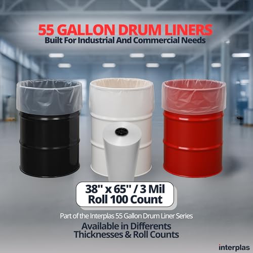 Image of Interplas 55 Gallon Drum Liners - 3 Mil LDPE - BPA-Free Barrel Liners - 38 inchx65 inch - 100 Count - Flexible, Clean and Leak-Resistant Bulk Packaging-Liners for General Industrial Use.