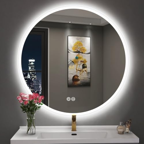 Image of Modern Round LED Wall Mirror || Trio Color Lighting, Antifog Heating, Stepless Dimmer & Memory Recall for Vanity& Bathroom. (24x24inches)