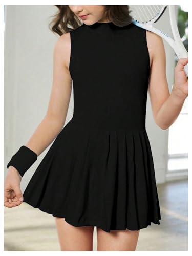 Girl's Pleated Tennis Dress Zip Up Mock Neck Sleeveless Athletic Golf Workout Tank Dresses with Built in Shorts3