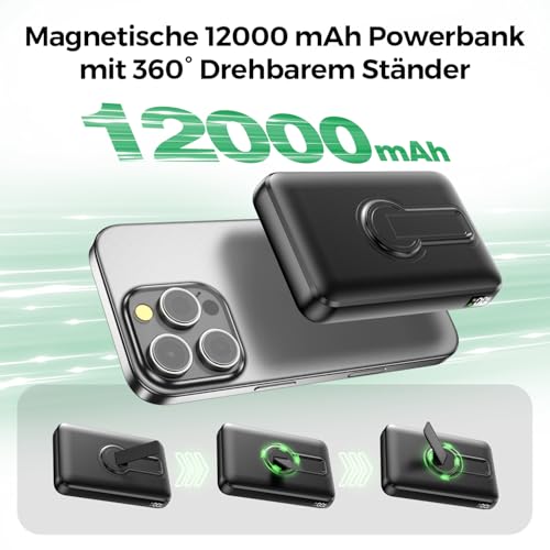 Powerbank für MagSafe, 12000mAh Externe Handyakkus mit Ständer, Schwarz – Ansicht 4