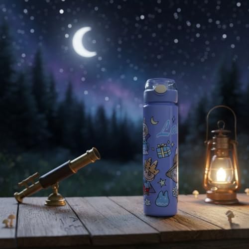 Image of Cartoon Printed Plastic Water Bottle for Kids Leak Proof Flip Cap Sipper Bottle with Strap School Drinking Bottle for Boys Girls Travel Office Use 900 ML (Purple)