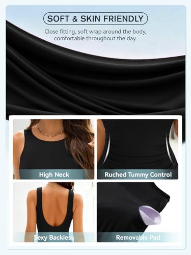Women's Tummy Control One Piece Swimsuit High Neck Ruched Backless Bathing Suit Modest Retro Slimming Swimming Suit Black X-Large - 4
