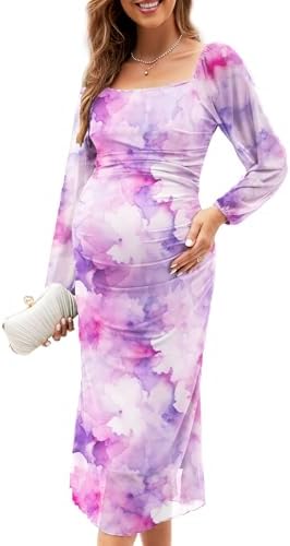 AISWI Mesh Ruched Maternity Dress Baby Shower Wedding Guest Pregnancy Shoot Fall Long Short Sleeves Square Neck, Long Sleeves, Pink Purple Floral, S