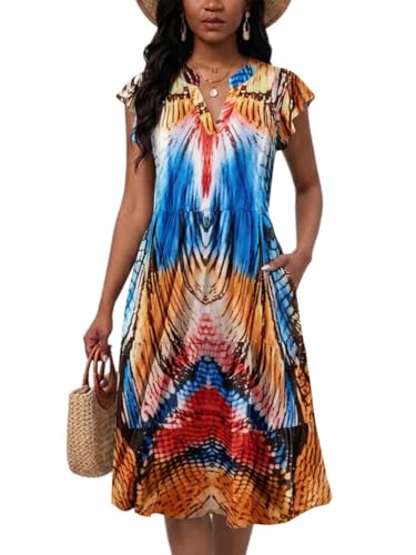 Image of Womens Summer Dress Ruffle Sleeve V Neck Midi Dresses Casual Fit Flowy Tiered Boho Beach Vacation Sundress