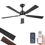 Glowivia 52 Inch Ceiling Fans with Lights and Remote&APP Control, Black Smart Ceiling Fan with 3000-6000K Dimmable, 6 Speeds Quiet Reversible Motor, Indoor/Outdoor Ceiling Fan for Bedroom Living Room