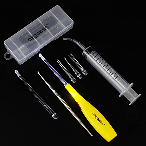 Airgoesin Lighted Tonsil Stone Removing Tool, 5 Tips, Box + 1 Stainless Steel Tonsillolith Pick + 1 Irrigation Syringe Gift #TOP22