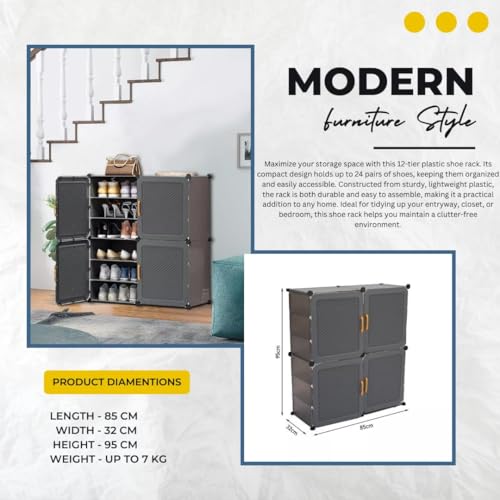 Image of Strassis Design DIY Shoe Rack Plastic - Multi-Purpose Plastic Shelves, PP Home Shoe Rack with Door for Entryway, Chappal Slipper Shoe Stand (Grey, 4-Door)