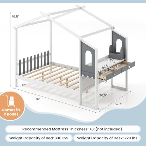 Komfottfullhousebedwithdeskwoodmontessoribedframewithhouseroofcanopy2drawersmodernplayhousebedwithfenceforkidsteensgirlsboysnoboxspringneededwhitegray  Urban Country Home Decor Komfott full house bed with desk wood montessori bed frame with house roof canopy 2 drawers modern playhouse bed with fence for kids teens girls boys no box spring needed white gray  urban country home decor