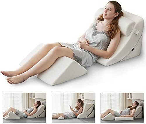 4pcs Orthopedic Bed Wedge Pillow Set – Post Surgery, Relaxing, Back & Adjustable Head Support Cushion – Triangle Memory Foam Pillow for Acid Reflux, Sleeping, Reading, Leg Elevation, Snoring (White)
