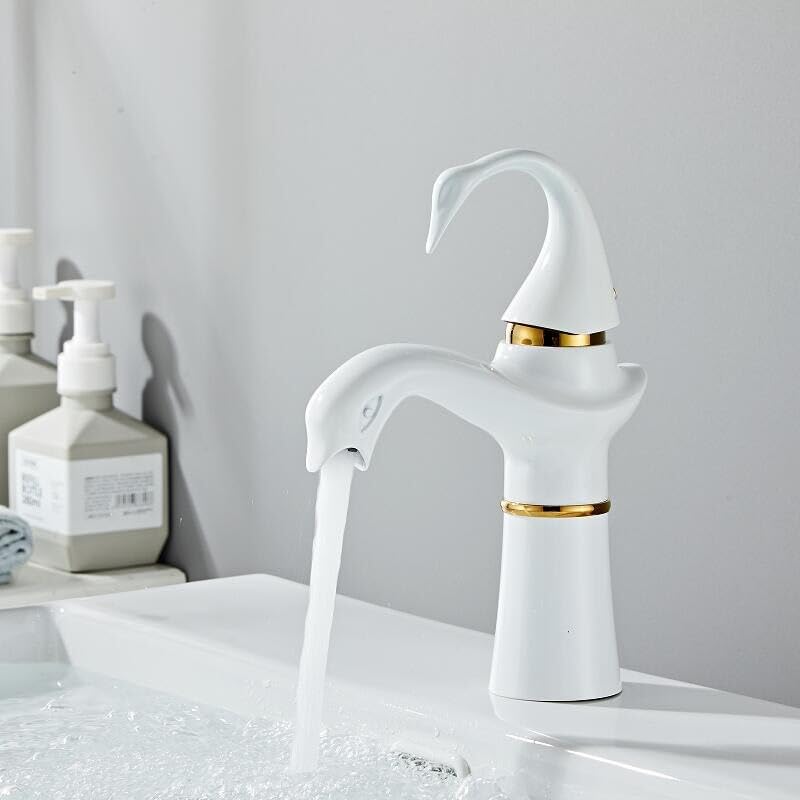 Robinet de lavabo or et blanc en laiton de style cygne pour salle de bain élégante