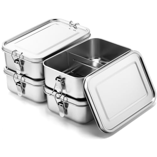 Umigy Stainless Steel Bento Box Metal Lunch Box Food Storage Containers Metal Lunch Container, Lockable Clips to Leak Proof, Reusable Dishwasher Safe Lunch Snack Boxes for Work(4 Pcs,1400ml)