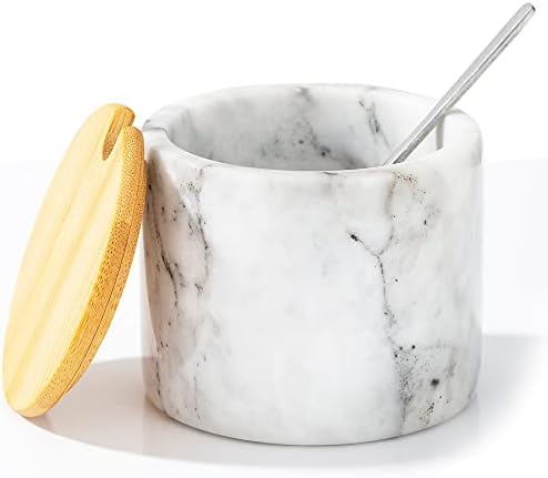 NHKRTE Marble Salt Cellar with Lid & Spoon, 11oz Salt and Pepper bowls, Handcrafted from Natural Marble, Smooth Inside (White)