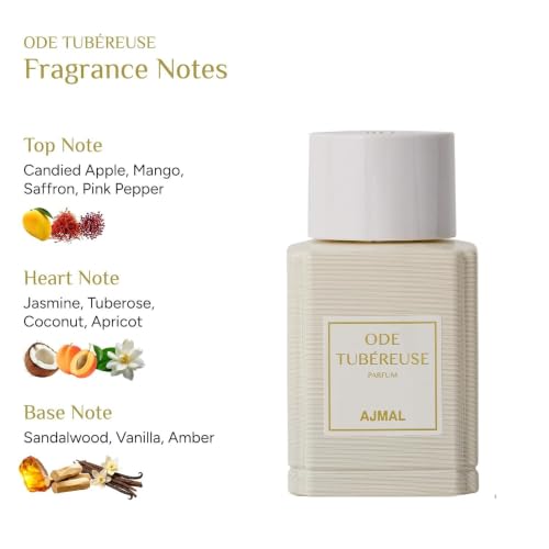 Image of Ajmal Oud Marquis Ode Tubereuse Eau de Parfum for Women, 3.4 fl oz | Sensual tuberose women's EDP by Ajmal. White floral intensity, long-lasting. Crafted in Dubai, made in France.