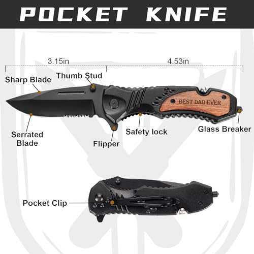 Image of Titorld Gifts for Men Dad Fathers Day, Engraved Pocket Knife, Birthday Gifts ideas from Daughter Son Kids, BEST DAD EVER Wood Folding Knife with Wood Box, Outdoor Camping Hunting Fishing Tool