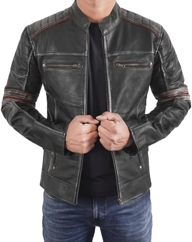 Image of Vintage Cafe Racer Leather Jacket Men Retro Motorcycle Racing Jacket