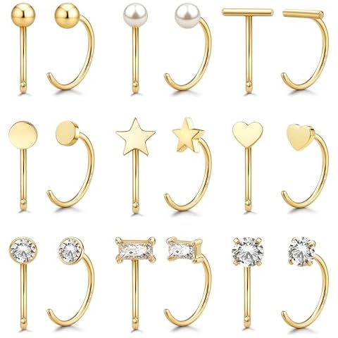 GEMQUEEN 14K Gold Huggie Half Hoop Earrings Cartilage Helix Open Hugging Earrings Stud for Women | 9 Pairs Hypoallergenic 316L Stainless Steel Jewelry Set with 5A CZ Pearl Heart Bar Star Ball Dot Cover