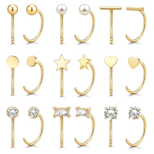 GEMQUEEN 9 Pairs 14K Gold Stay Close Hoop Huggie Half Hoop Earrings Cartilage Helix Open Hugging for Women | Hypoallergenic 316L Stainless Steel Jewelry Set Trending Valentine's Day Gifts