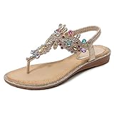 iCKER Women's Flat Sandals Ladies Thong Flat Sandals Bohemian Beaded Strap Sandals Diamante Rhinestone Leather Sandals