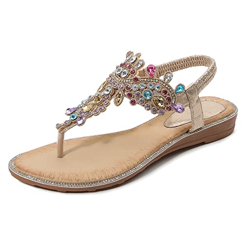 iCKER Women's Flat Sandals Ladies Thong Flat Sandals Bohemian Beaded Strap Sandals Diamante Rhinestone Leather Sandals
