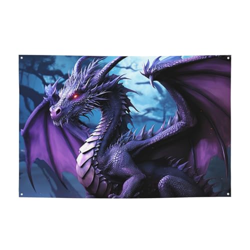 Banner para decoración de fiesta, pancarta de feliz cumpleaños, pancarta personalizada con ojales de latón, dragón morado, luna, telón de fondo para patio, telón de fondo para decoración de interiores