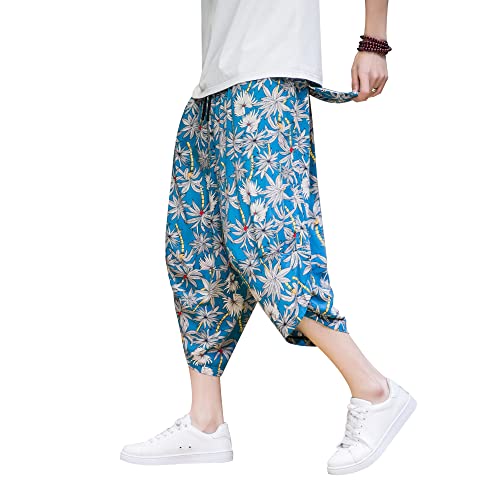 DOSLAVIDA Men's Casual Elastic Waist Linen Capri Pants Wide Leg Baggy Cotton Harem Yoga Trousers Loose Patchwork Short2