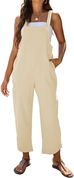 Womens Sleeveless Cotton Linen Overalls Rompers Baggy Wide Leg Jumpsuits