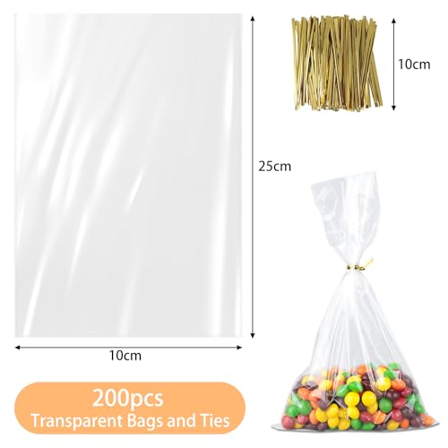 AiQInu 200 Stück Cellophantüten mit Goldene Krawatten, 25 x 15 cm Klein Zellophantüten Geschenkfolie Transparent, Süßigkeiten Tüten Kekstüten OPP Geschenktüten Durchsichtig für Kindergeburtstage