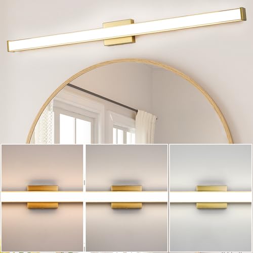 Modern LED Bathroom Vanity Light 48 inch 32W Dimmable 3CCT Bathroom Light Fixture Over Mirror Rectangle Bath Vanity Light Bar with Double Layer Acrylic Shade (Golden)