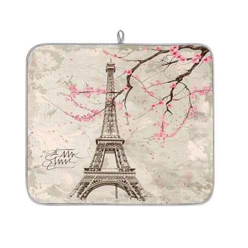 Paris - Tapete de secado de platos de la Torre Eiffel para encimera de cocina, torre Eiffel con flor de cerezo, tapete absorbente para máquina de café, tapete escurridor de platos de microfibra