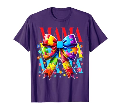 Autism Mom Puzzle Piece Coquette Bow Ribbon Autism Mama Kids T-Shirt