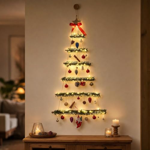 Árbol de Navidad rústico de 6 niveles para colgar en la pared con luces y decoraciones, árbol de Navidad de escalera de madera con estrella superior, bolas y lazos para pared de granja, puerta