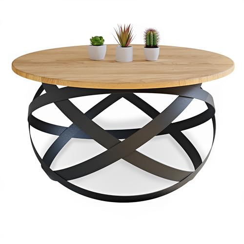 Lumarc Firenze, Table Basse de Salon Faite à la Main en Bois Massif de Chêne Naturel et Acier au Design Moderne Industriel Minimaliste, Noir, Ronde, Ø70x40 cm