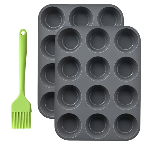 HRCOYES 2 Pack Muffin Trays with 1 Brush, 12 Cup Silicone Muffin Pans, Non-Stick Cupcake Tin, Baking Mould for Muffins or Cupcakes, Bakeware 33 x 25 x 3 cm