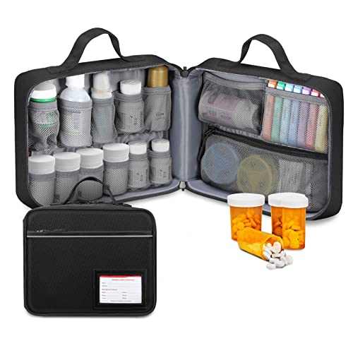 SITHON Pill Bottle Organizer Medicine Storage Bag Medication Travel Carrying Case Manager with Handle, Fixed Pockets for Medications, Vitamins, Medical Supplies, Black
