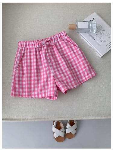 Floerns Short infantil para meninas, 3 peças, estampa xadrez, cintura elástica, perna reta com bolso