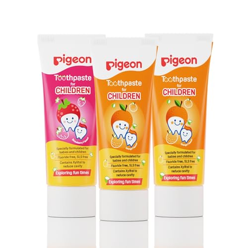 Image of Pigeon Children Toothpaste Tripack 45 g (2 Orange + 1 Strawberry) | Fluoride & SLS Free | Colour & Paraben Free | pH-Balanced Gentle Oral Care