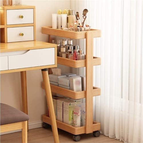 Vintage Rolling Storage Cart, 4-Tier Solid Pine Side Table with Lockable Wheels, Space Saving Moveable Snack Shelf for Living Room, Apartment, Brown, 15.7 Inch