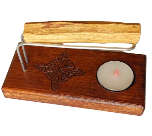 YA-DECOREGALOS Quemador de Incienso de Madera Hecho a Mano con Diseño Nudo de Bruja, Incluye Varillas metalicas, Palo Santo y Vela Elimina Malas energisa y armoniza Espacios.