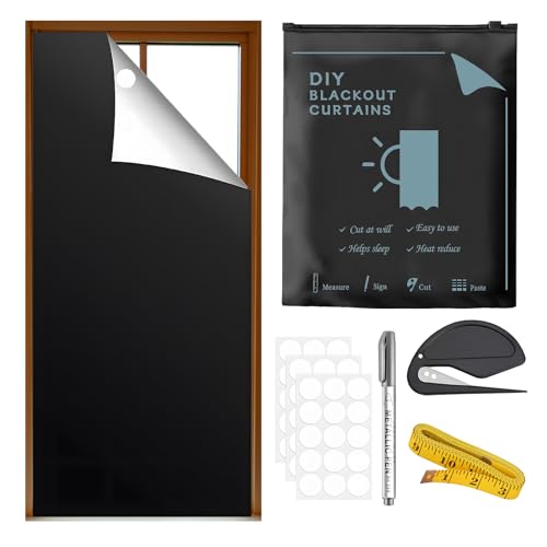 Estor Opaco sin Taladrar, 200 x 145 cm Tela Oscurecedora Cortina Oscurecimiento Aislante Termica con Velcro Adhesivo Cortar a Voluntad Protector Solar para Viajes Familiares Ventana de Tejado Apagón