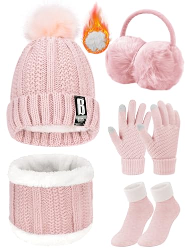 Yuson Girl Conjunto de gorro y bufanda de punto, forro polar de invierno, forro de lana Beanie Hat, calentadores de cuello para mujeres(2-Rosa)