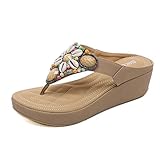  Minetom PU Leder Zehentrenner Damen Böhmen Sandalen T-Strap Flach Sommer Flip Flops Pantoletten Keilabsatz Wedges Hausschuhe Freizeitschuhe mit Absatz Z Aprikose 37 EU