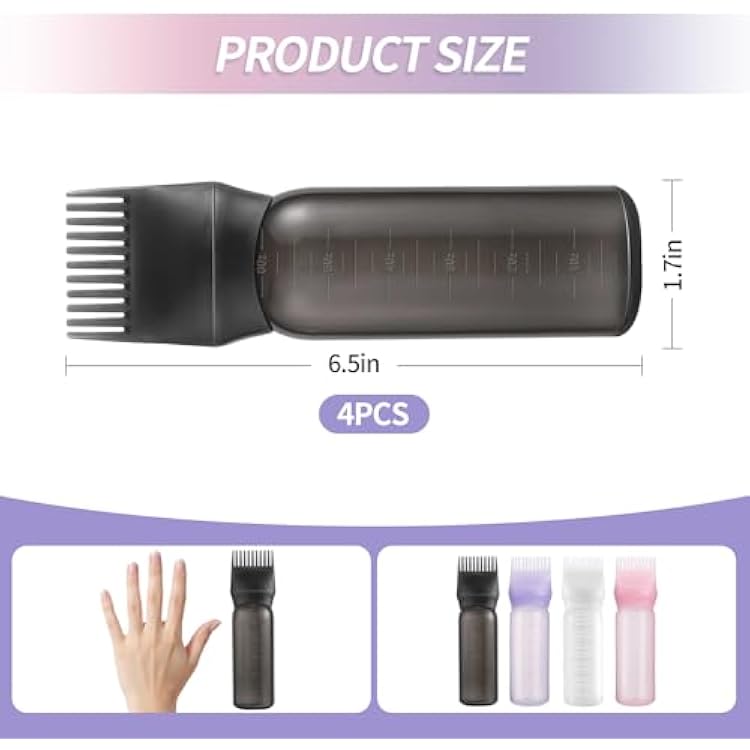 4PCS Root Comb Applicator Bottle 6oz,Hair Oil Applicator with Graduated Scale, Hair Oiling Bottle Brush for Home or Salon Use(4 Colors