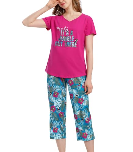 Image of ENJOYNIGHT Womens Pajama Sets Cotton Pj Set Short Sleeve Top With Capri Pants Sleepwear 2 Piece Lounge Set