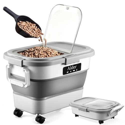 Maxdot 1 Sets 22lb Airtight Wood Pellet Storage Container Bin Kit with Clear Window, Locking Lid, Collapsible Design with Rolling Wheels, Pellet Bucket Includes Scoops Labels for Grill, Smoker